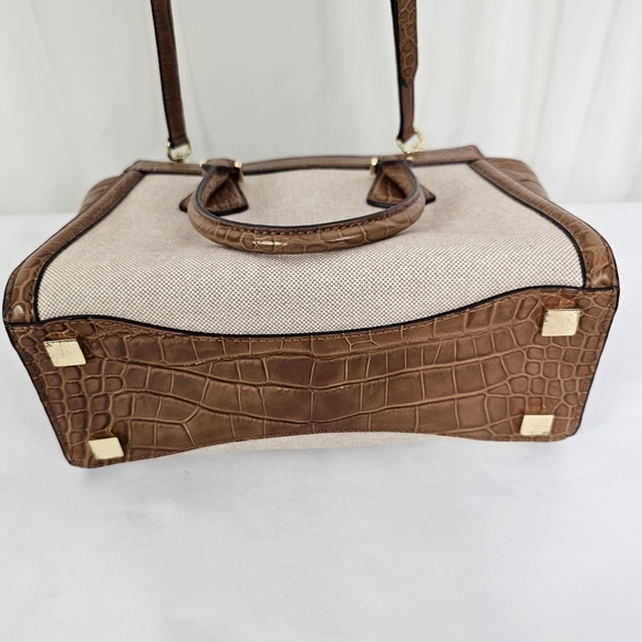 Michael Kors Colette Beige Canvas and camel brown crocodile top zip bag - Picture 6 of 9